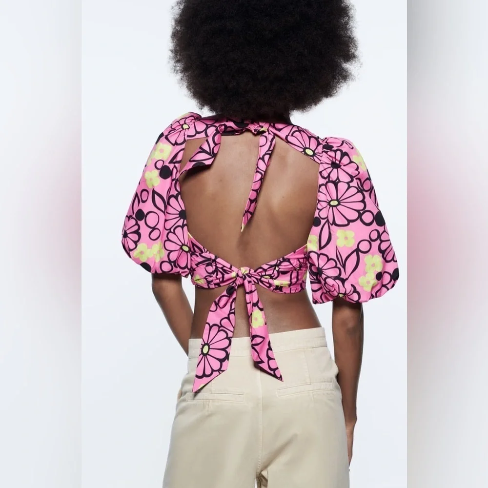 🎀ZARA NWOT puff shoulder floral crop blouse xs - Picture 3 of 13
